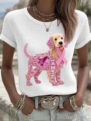 Women's Pink Rhinestone Dog Pink Ribbon Print Breast Cancer Awareness Support Tee