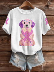 Women's Pink Rhinestone Dog Pink Ribbon Print Breast Cancer Awareness Support Tee