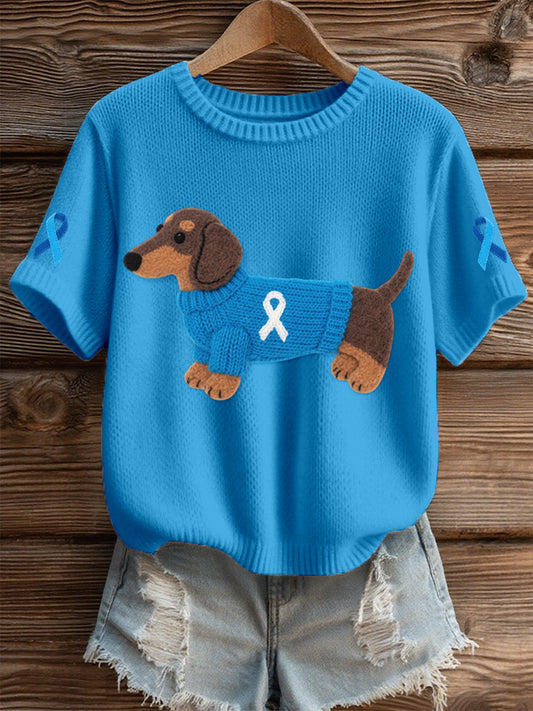 Women's Felt Art Dachshund & Ribbon Pattern Cozy Knit Top