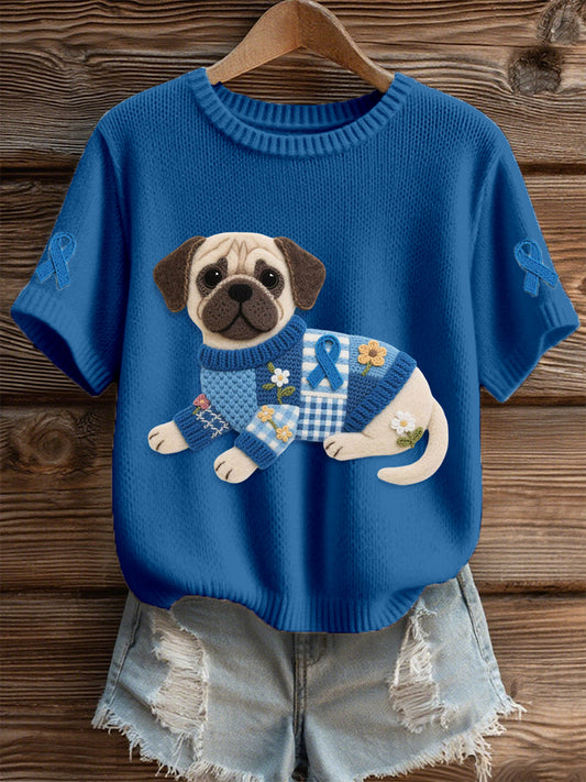 Women's Felt Art Pug & Blue Ribbon Pattern Cozy Knit Top