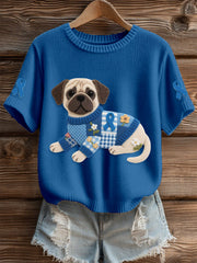 Women's Felt Art Pug & Blue Ribbon Pattern Cozy Knit Top