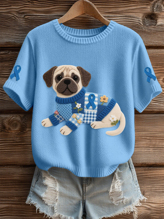Women's Felt Art Pug & Blue Ribbon Pattern Cozy Knit Top