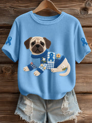 Women's Felt Art Pug & Blue Ribbon Pattern Cozy Knit Top
