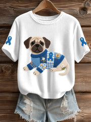 Women's Felt Art Pug & Blue Ribbon Pattern Cozy Knit Top