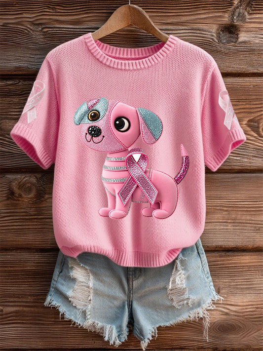 Women's Breast Cancer Awareness Support  Pink Dog Pink Ribbon Print Short Sleeve  Top