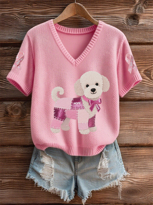 Women's Breast Cancer Awareness Support  Pink Dog Pink Ribbon Print Short Sleeve  Top
