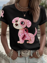 Women's Breast Cancer Awareness Support  Pink Dog Pink Ribbon Print Short Sleeve  Top