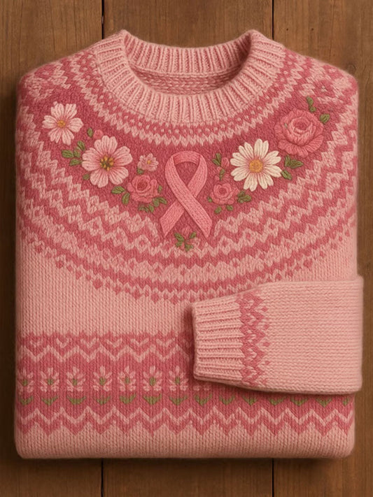 Women's Pink Ribbon Floral Print Casual Top