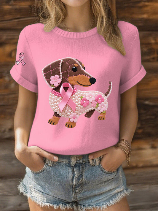 Women's Pink Ribbon Pearl Dog Print Casual T-shirt