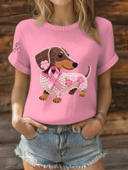 Women's Pink Ribbon Pearl Dog Print Casual T-shirt