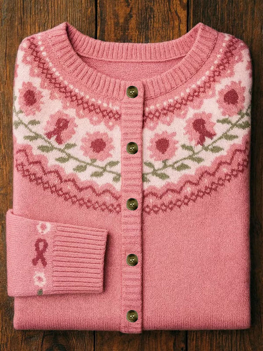 Women's Pink Ribbon Floral Print Casual Cardigan