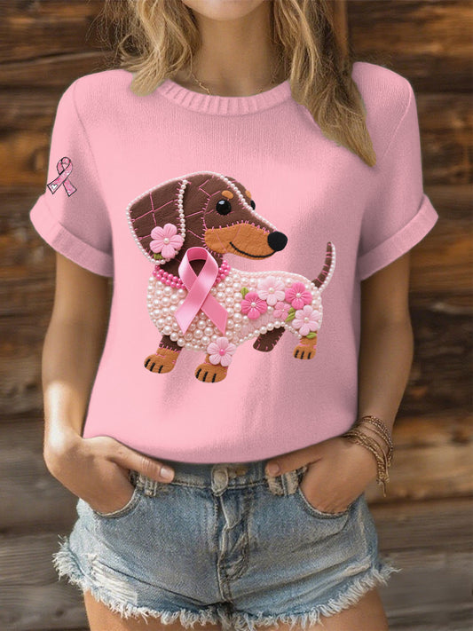 Women's Pink Ribbon Pearl Dog Print Casual T-shirt
