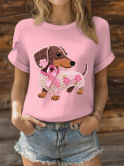 Women's Pink Ribbon Pearl Dog Print Casual T-shirt