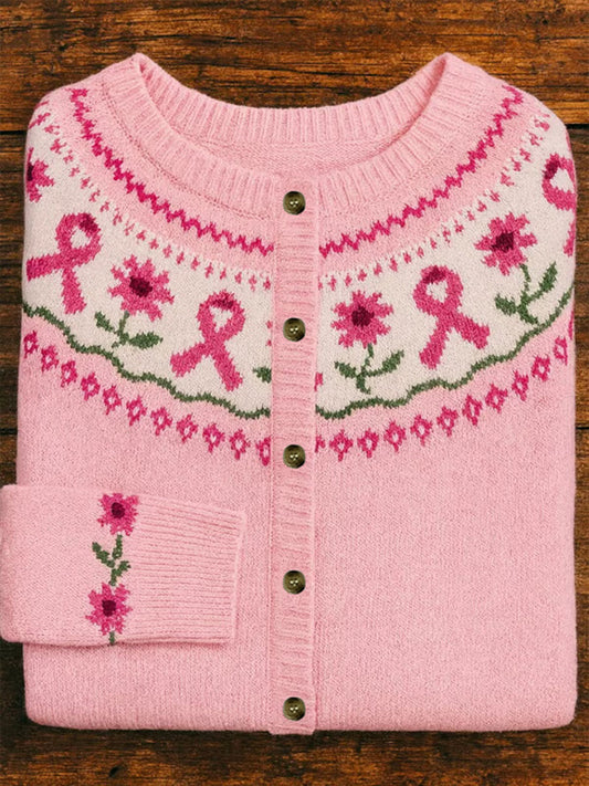 Women's Pink Ribbon Floral Print Casual Cardigan