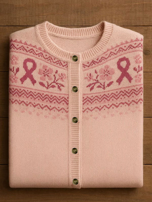 Women's Pink Ribbon Floral Print Casual Cardigan