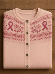 Women's Pink Ribbon Floral Print Casual Cardigan