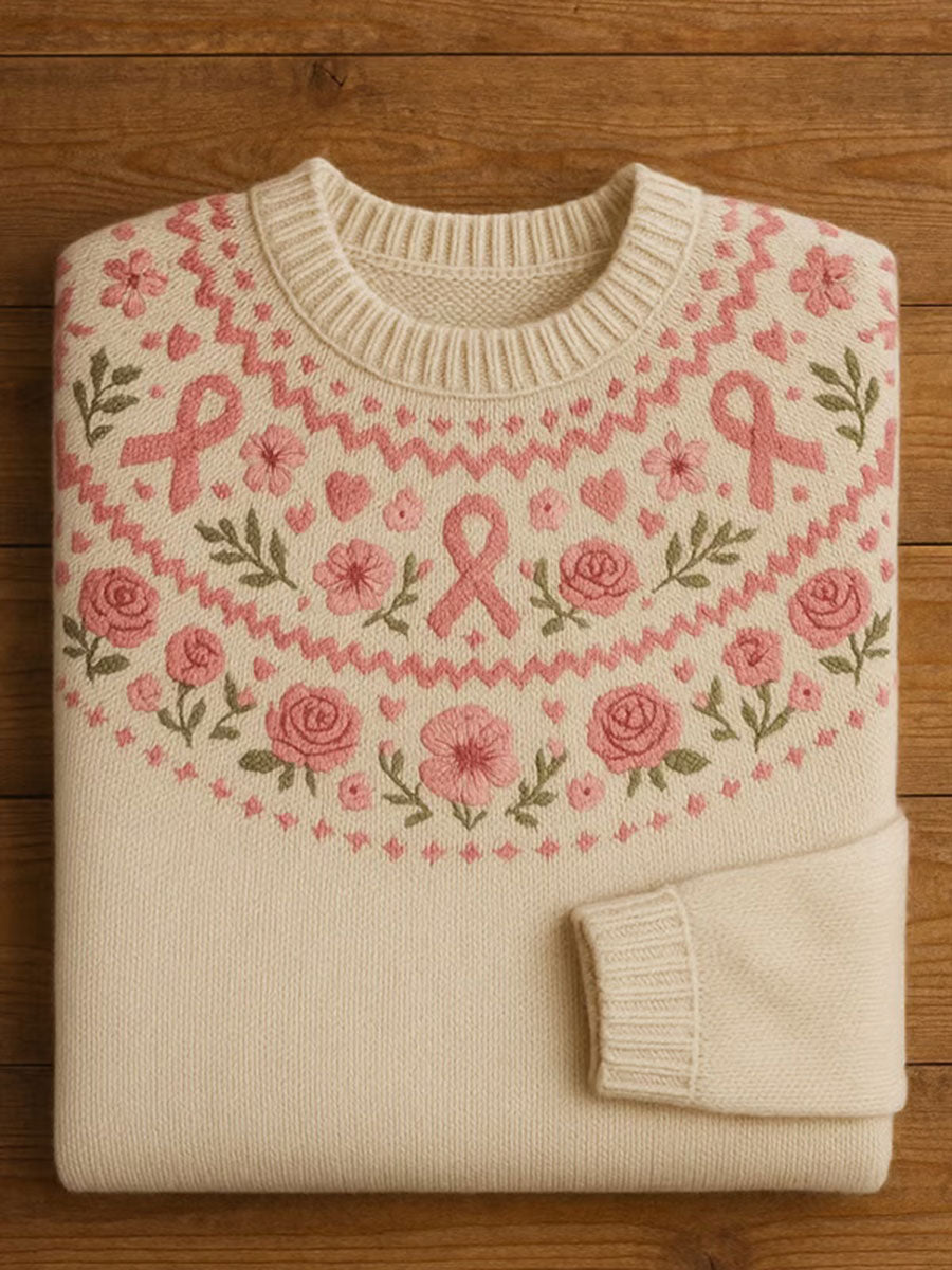 Women's Pink Ribbon Floral Print Casual Top