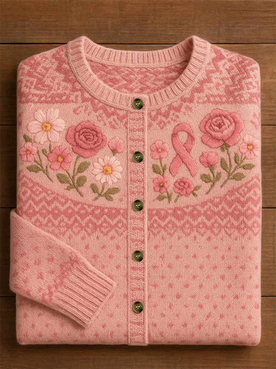 Women's Pink Ribbon Floral Print Casual Cardigan