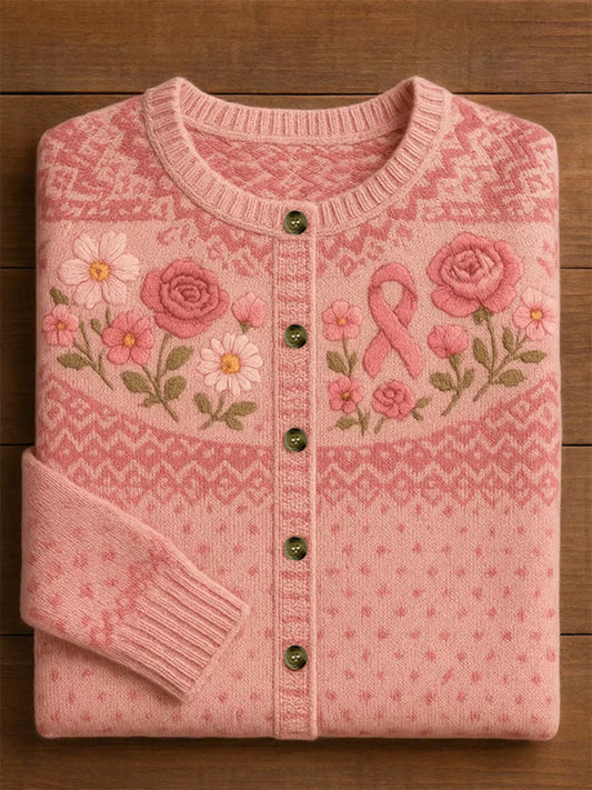 Women's Pink Ribbon Floral Print Casual Cardigan