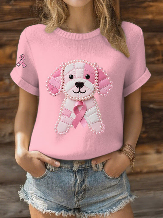 Women's Pink Ribbon Pearl Dog Print Casual T-shirt