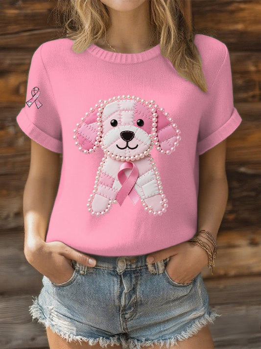 Women's Pink Ribbon Pearl Dog Print Casual T-shirt