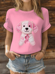 Women's Pink Ribbon Pearl Dog Print Casual T-shirt