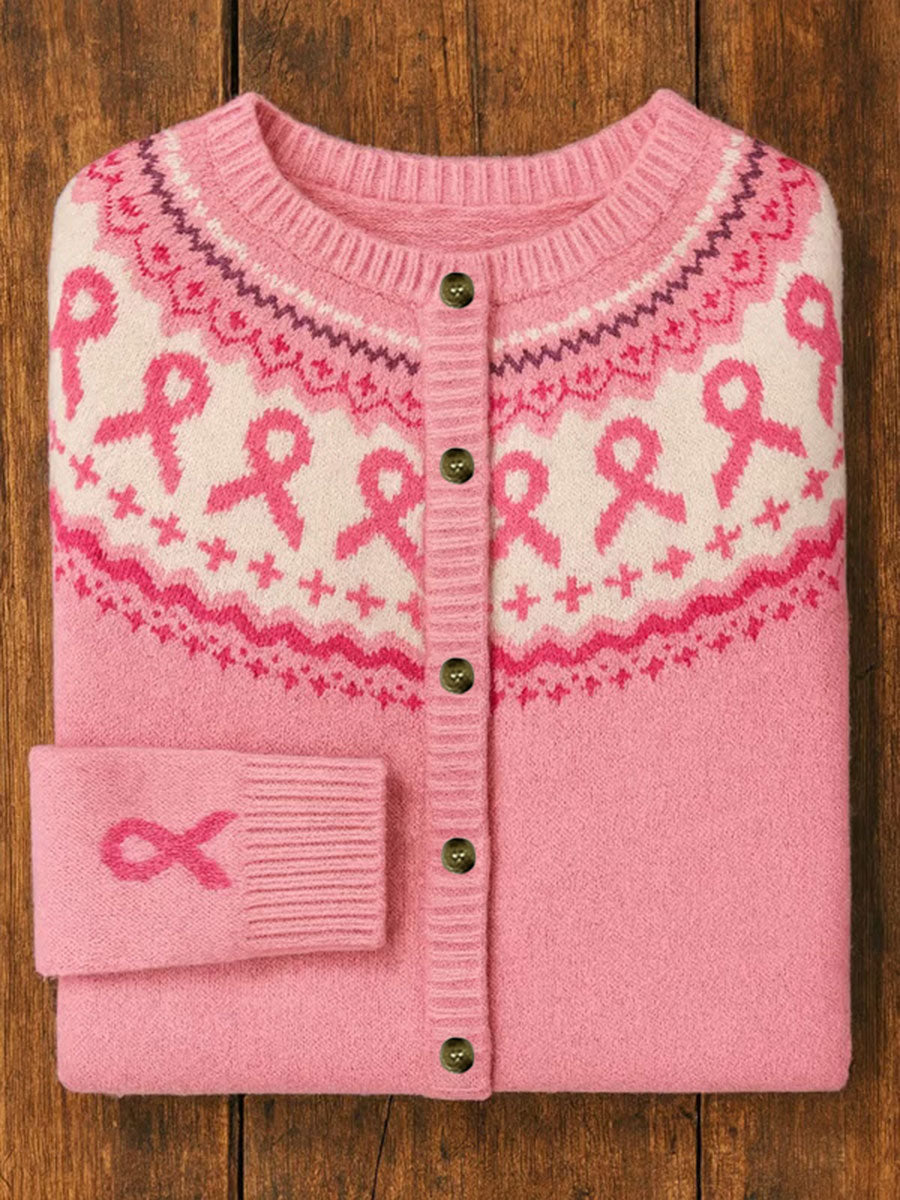 Women's Pink Ribbon Floral Print Casual Cardigan