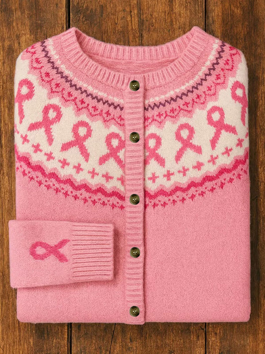 Women's Pink Ribbon Floral Print Casual Cardigan