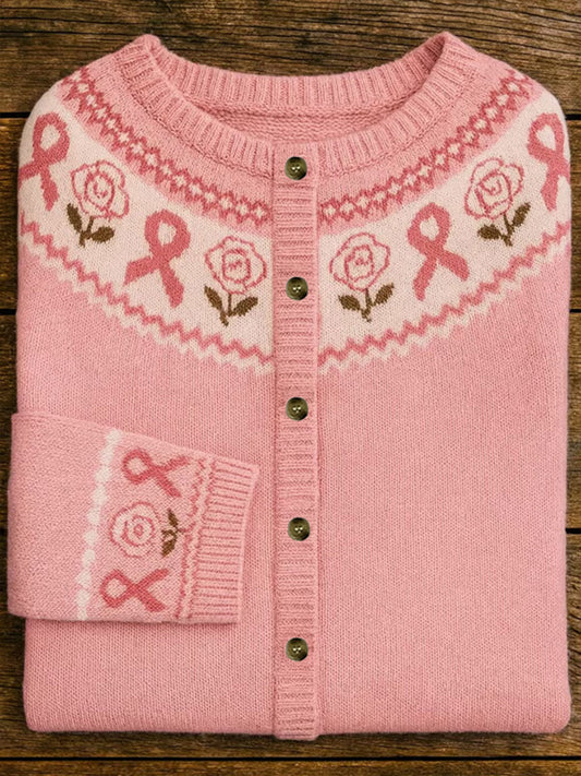 Women's Pink Ribbon Floral Print Casual Cardigan