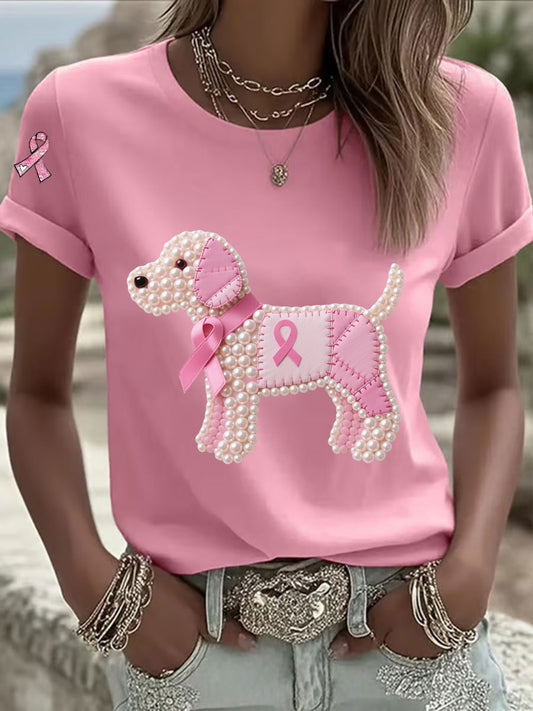 Women's Pink Ribbon Pearl Dog Print Casual T-shirt