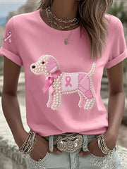 Women's Pink Ribbon Pearl Dog Print Casual T-shirt