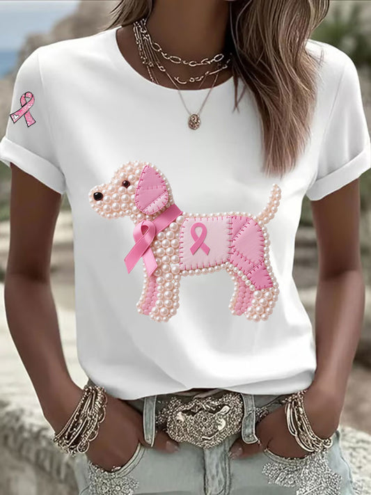 Women's Pink Ribbon Pearl Dog Print Casual T-shirt
