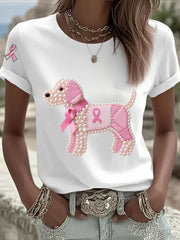 Women's Pink Ribbon Pearl Dog Print Casual T-shirt
