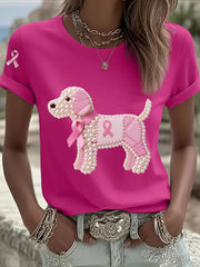 Women's Pink Ribbon Pearl Dog Print Casual T-shirt