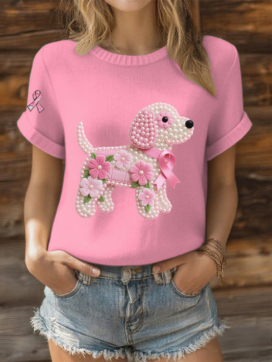 Women's Pink Ribbon Pearl Dog Print Casual T-shirt