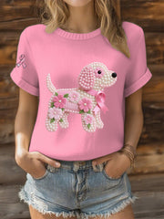 Women's Pink Ribbon Pearl Dog Print Casual T-shirt