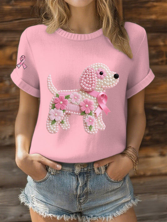 Women's Pink Ribbon Pearl Dog Print Casual T-shirt