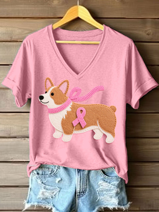 Women's Lovely Corgi Pattern Felt Art V-Neck T-Shirt