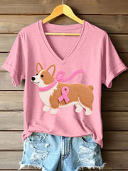 Women's Lovely Corgi Pattern Felt Art V-Neck T-Shirt