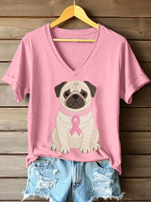 Women's Lovely Pug Patchwork Art V-Neck T-Shirt