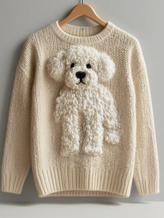 Women's Vintage Fuzzy Dog Felt Cozy Knit Sweater