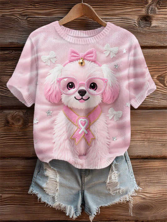 Women's Pink Dog Pink Ribbon Breast Cancer Awareness Support Tee