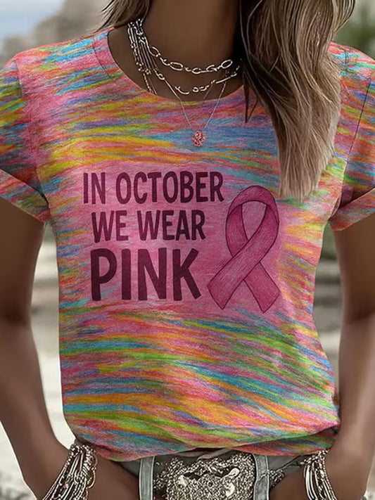 Women's Pink Ribbon Print Casual T-shirt
