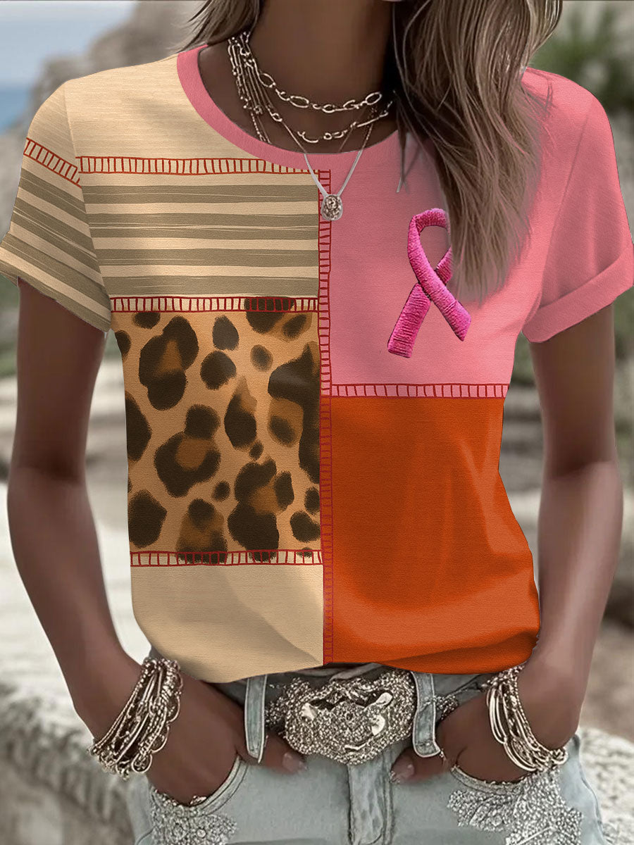 Women's Pink Ribbon Print Casual T-shirt