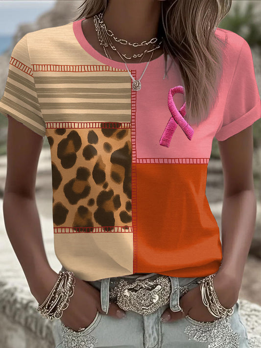 Women's Pink Ribbon Print Casual T-shirt