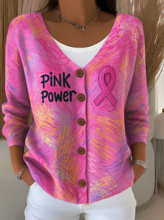 Women's Pink Ribbon Print Casual Cardigan