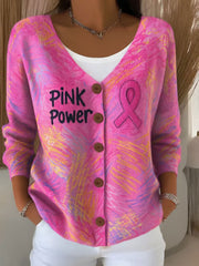 Women's Pink Ribbon Print Casual Cardigan