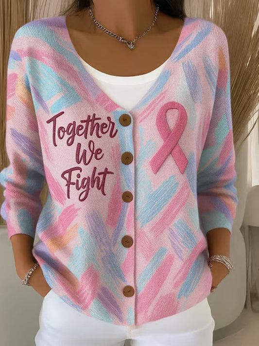 Women's Pink Ribbon Print Casual Cardigan
