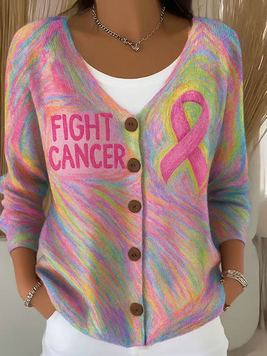 Women's Pink Ribbon Print Casual Cardigan