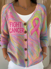 Women's Pink Ribbon Print Casual Cardigan